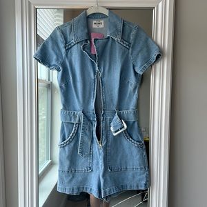 Belted denim romper